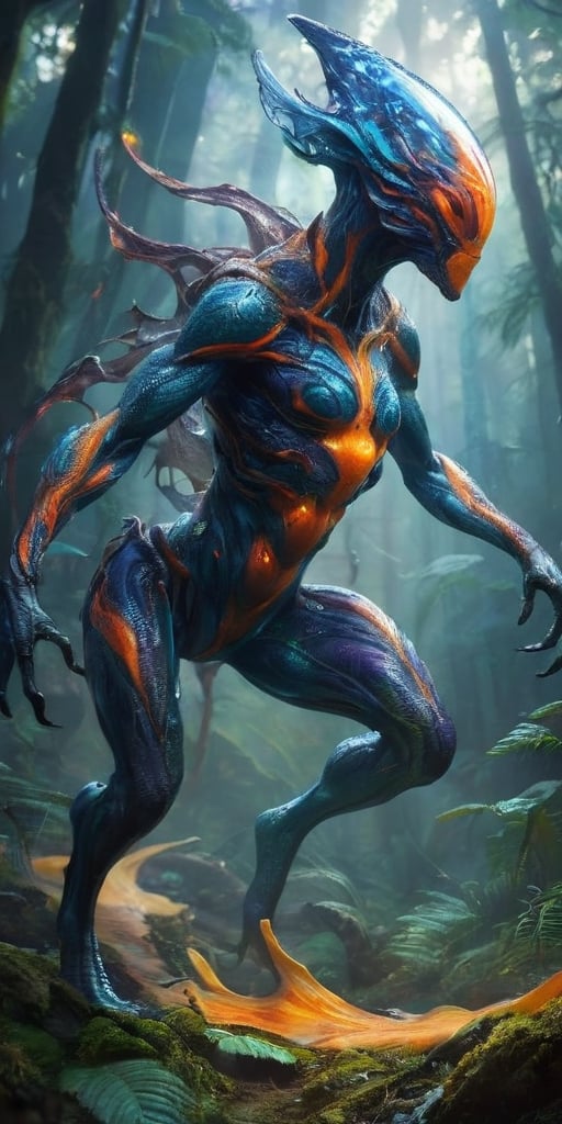 Generate hyper realistic image of a creature from another galaxy that defies conventional taxonomy. Describe its amorphous...