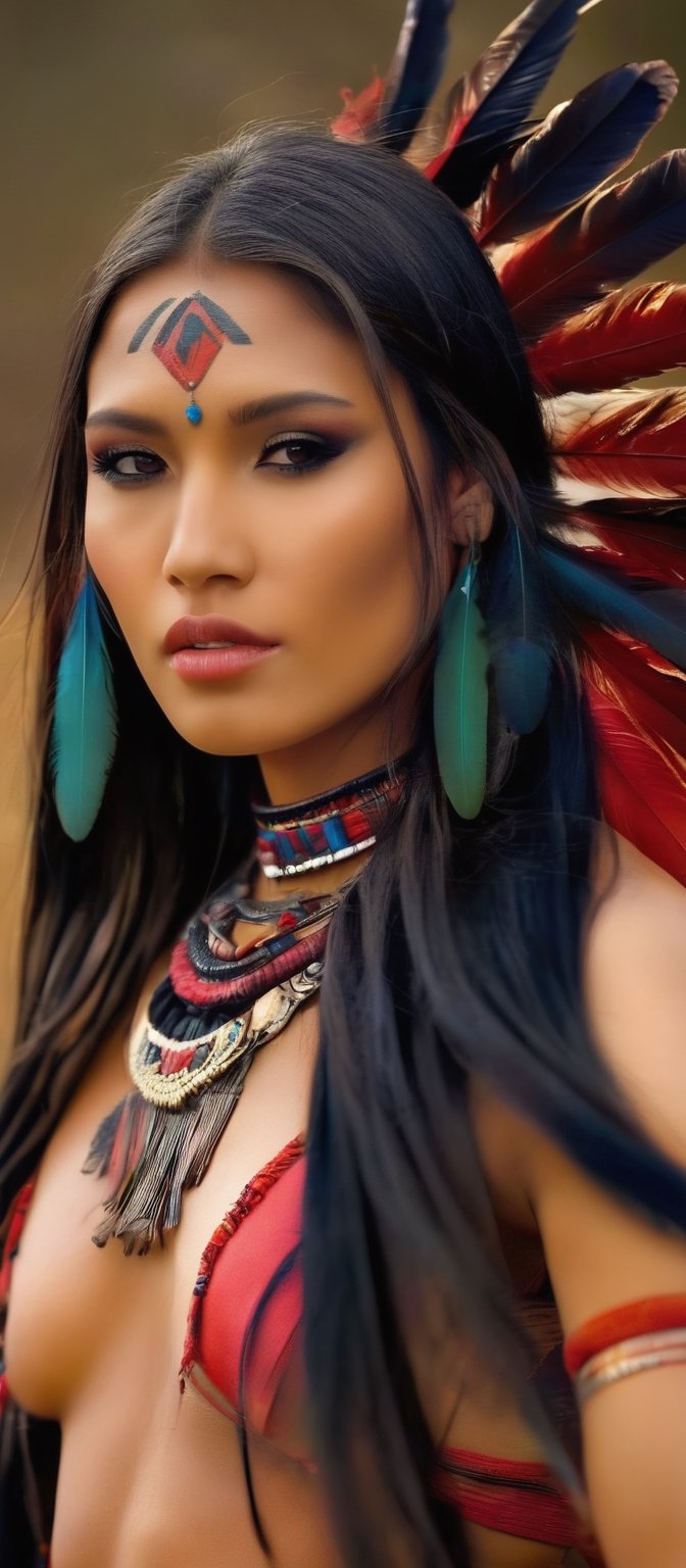 Generate hyper realistic image of a native woman exuding strength and beauty. She has long,  flowing black hair adorned wi...