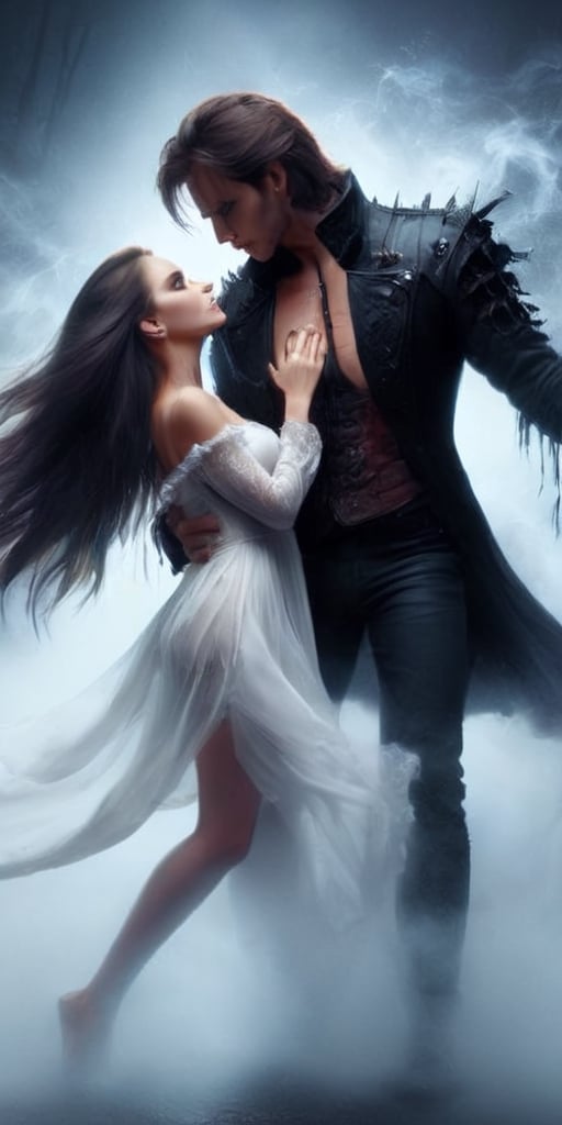 Generate hyper realistic image of a forbidden love that blooms between two vampires, their immortal hearts entwined in a passionate and dangerous dance, bound by an insatiable thirst for blood and the eternal darkness that surrounds them.