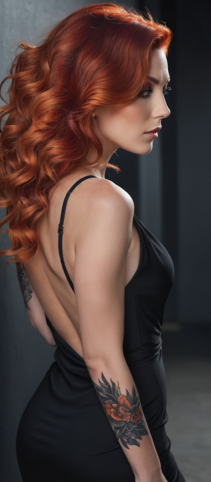 Generate hyper realistic image of a woman with long, wavy hair cascading down her back, dressed in a sleek black dress, her red hair peeking over her shoulder as she looks back with a serious gaze. Another woman with fiery orange hair, hair covering one eye, adorned in an elegant backless outfit, her back tattoo catching the eye, standing amidst dark shadows.