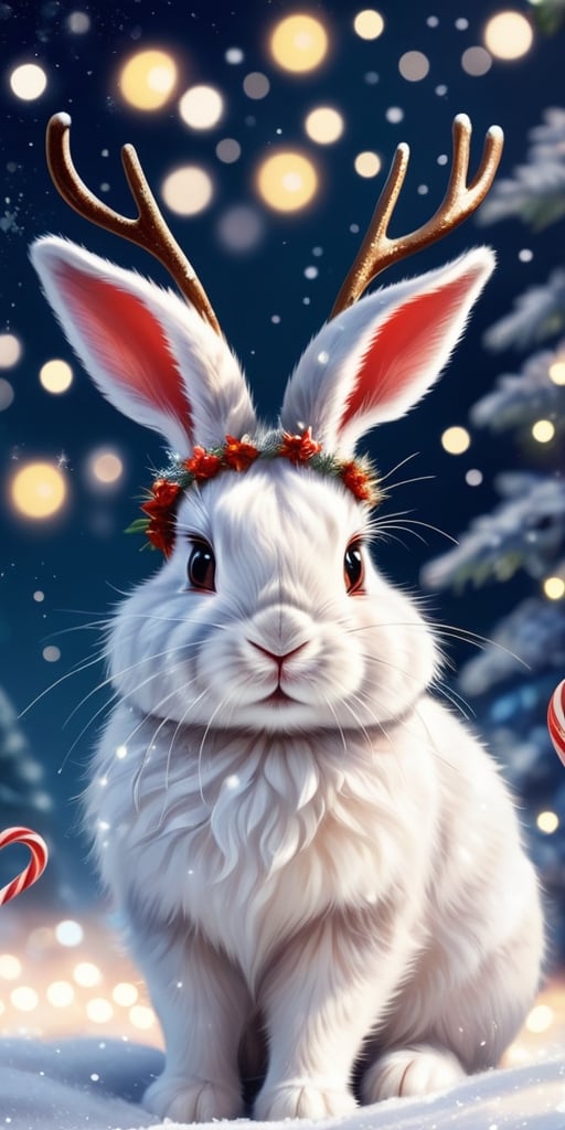 Generate hyper realistic image of a fluffy bunny wearing reindeer antlers,  nibbling on a candy cane while surrounded by s...