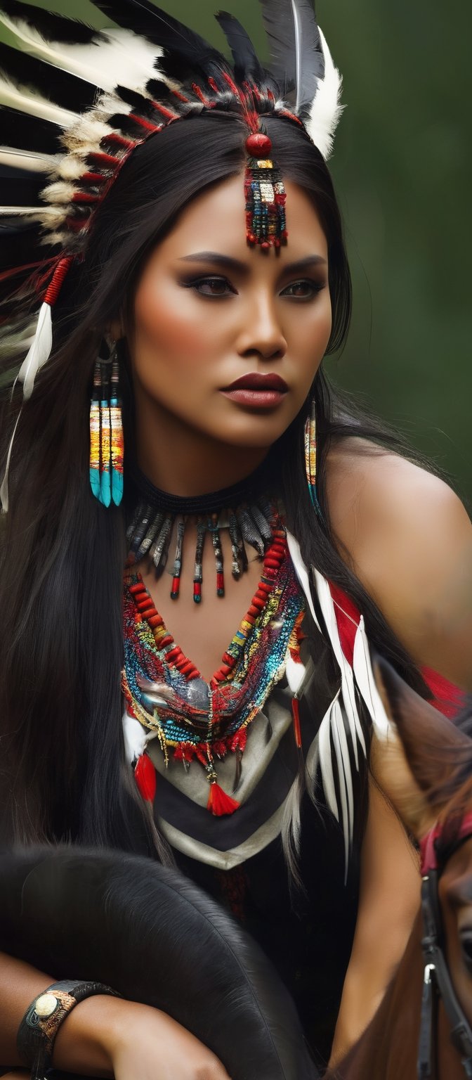 Generate hyper realistic image of a native woman exuding strength and beauty. She has long,  flowing black hair adorned wi...