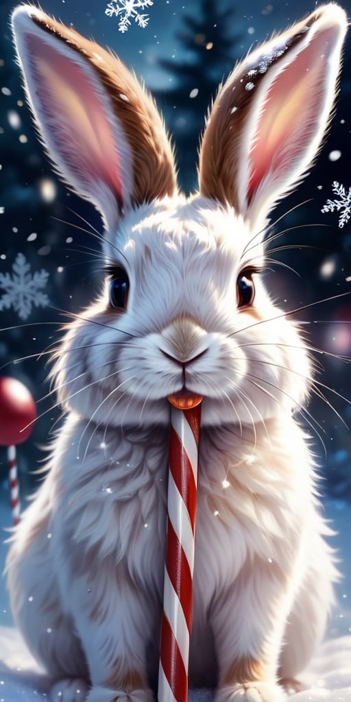 Generate hyper realistic image of a fluffy bunny wearing reindeer antlers,  nibbling on a candy cane while surrounded by s...