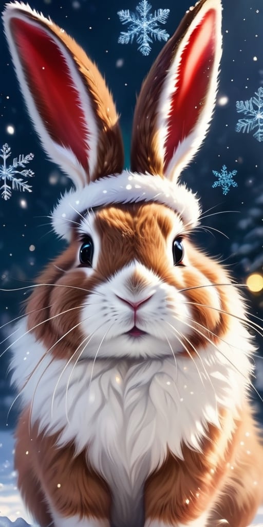 Generate hyper realistic image of a fluffy bunny wearing reindeer antlers,  nibbling on a candy cane while surrounded by s...