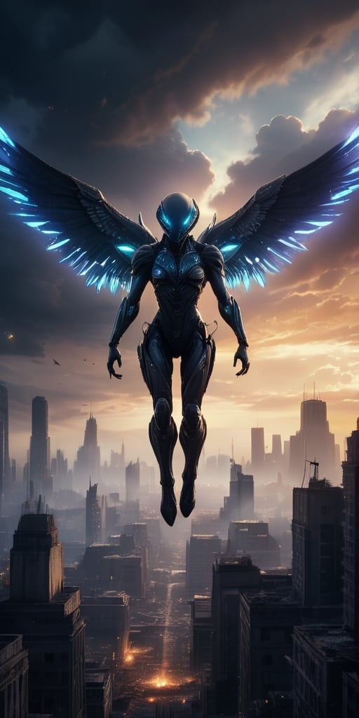 Generate hyper realistic image of alien entities with biomechanical wings,  soaring through the darkened skies as they unl...