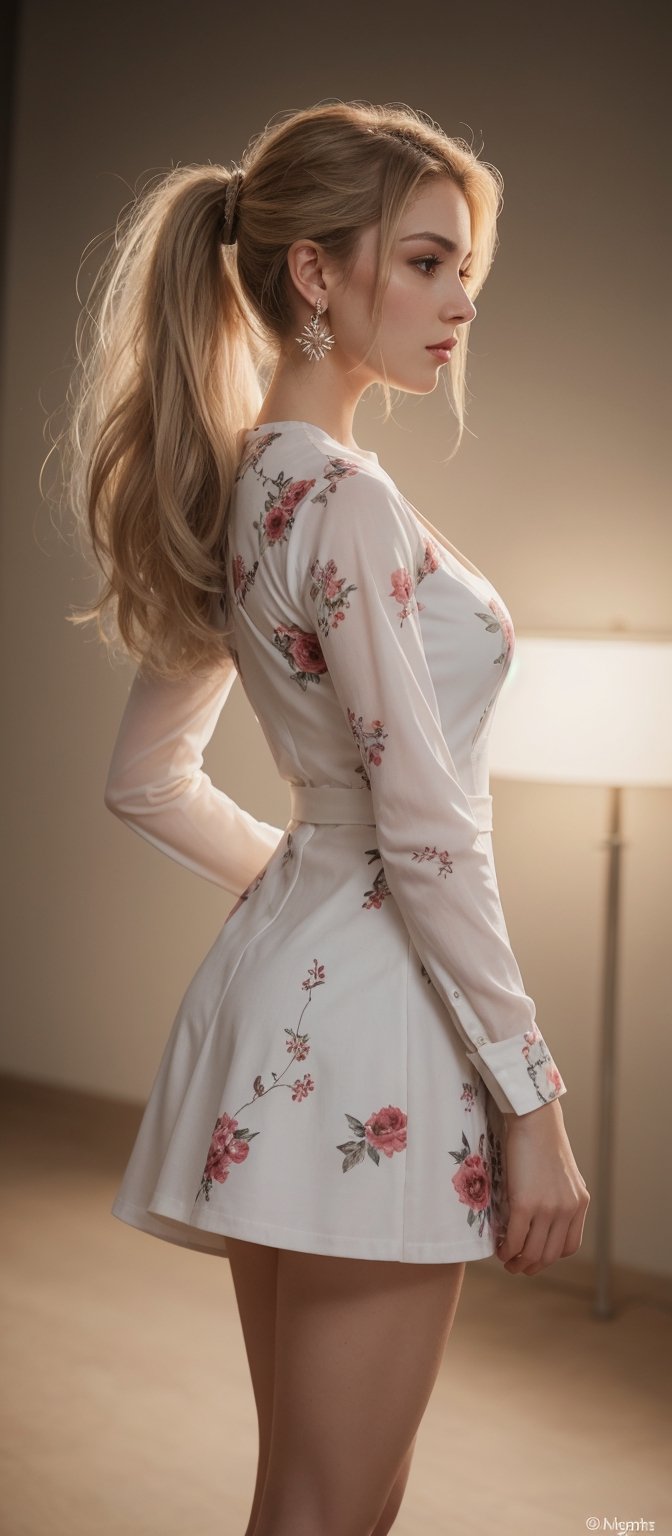 Generate hyper realistic image of a woman in a short dress with a floral print, her long sleeves adding a touch of elegance as she stands in a cowboy shot pose. Her white hair is styled in a chic ponytail, drawing attention to her striking profile and luscious lips, while dangling earrings catch the light.