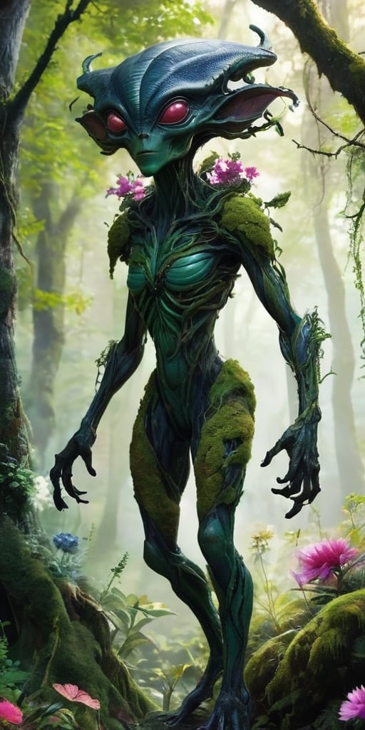 Generate hyper realistic image of an alien. they have a robust,  quadrupedal body covered in bark-like skin that blends se...