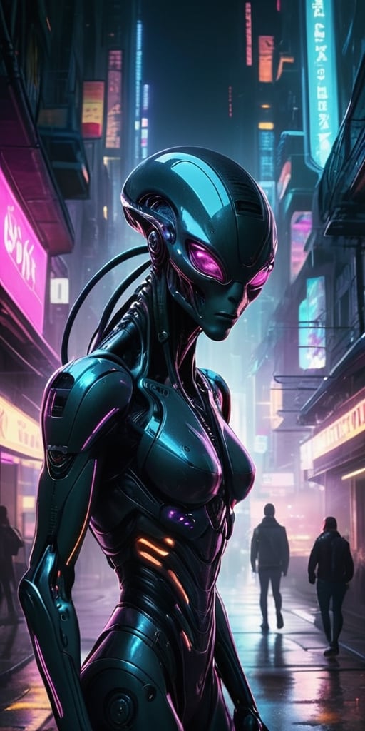Generate hyper realistic image of a scene featuring a cybernetically enhanced alien being,  their body merging with dark m...