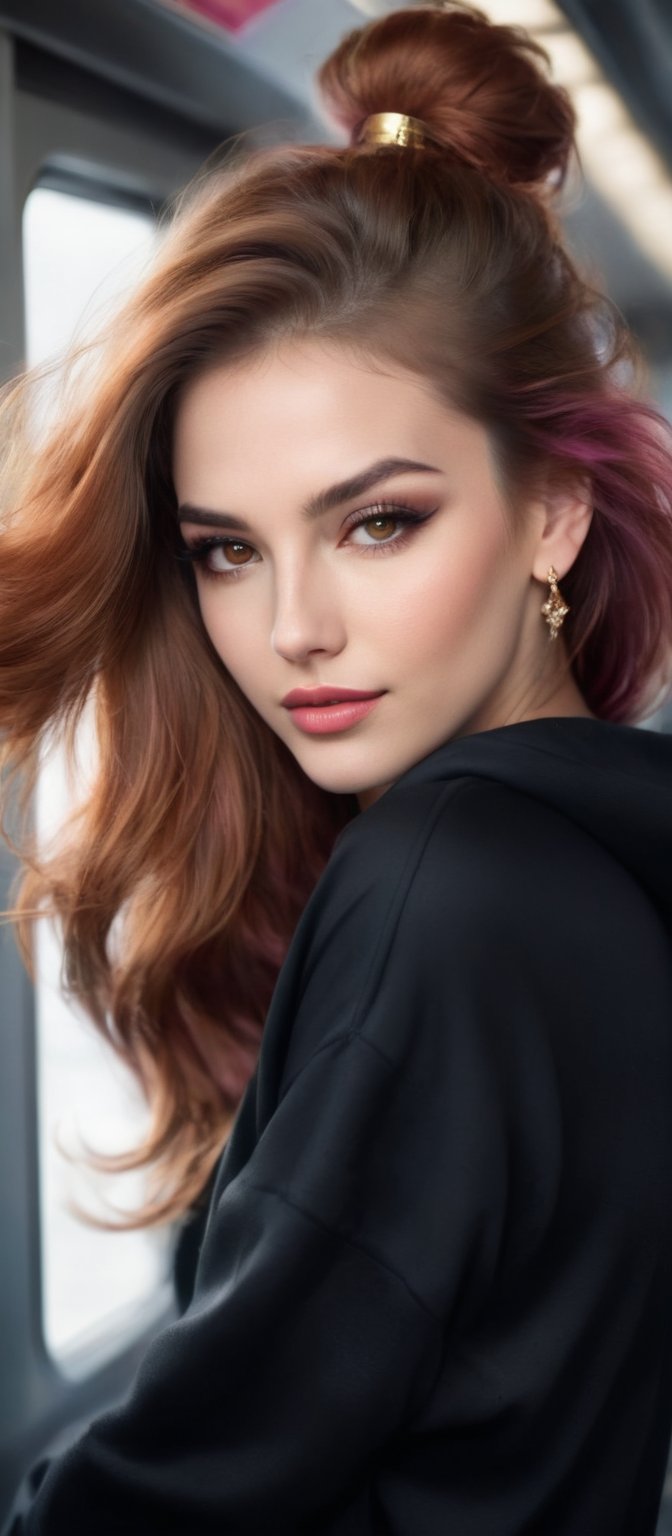 Generate hyper realistic image of a woman with flowing hair that cascades down her back. She is looking at the viewer with...
