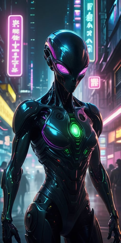 Generate hyper realistic image of a scene featuring a cybernetically enhanced alien being,  their body merging with dark m...