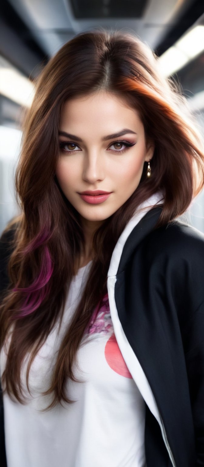 Generate hyper realistic image of a woman with flowing hair that cascades down her back. She is looking at the viewer with...
