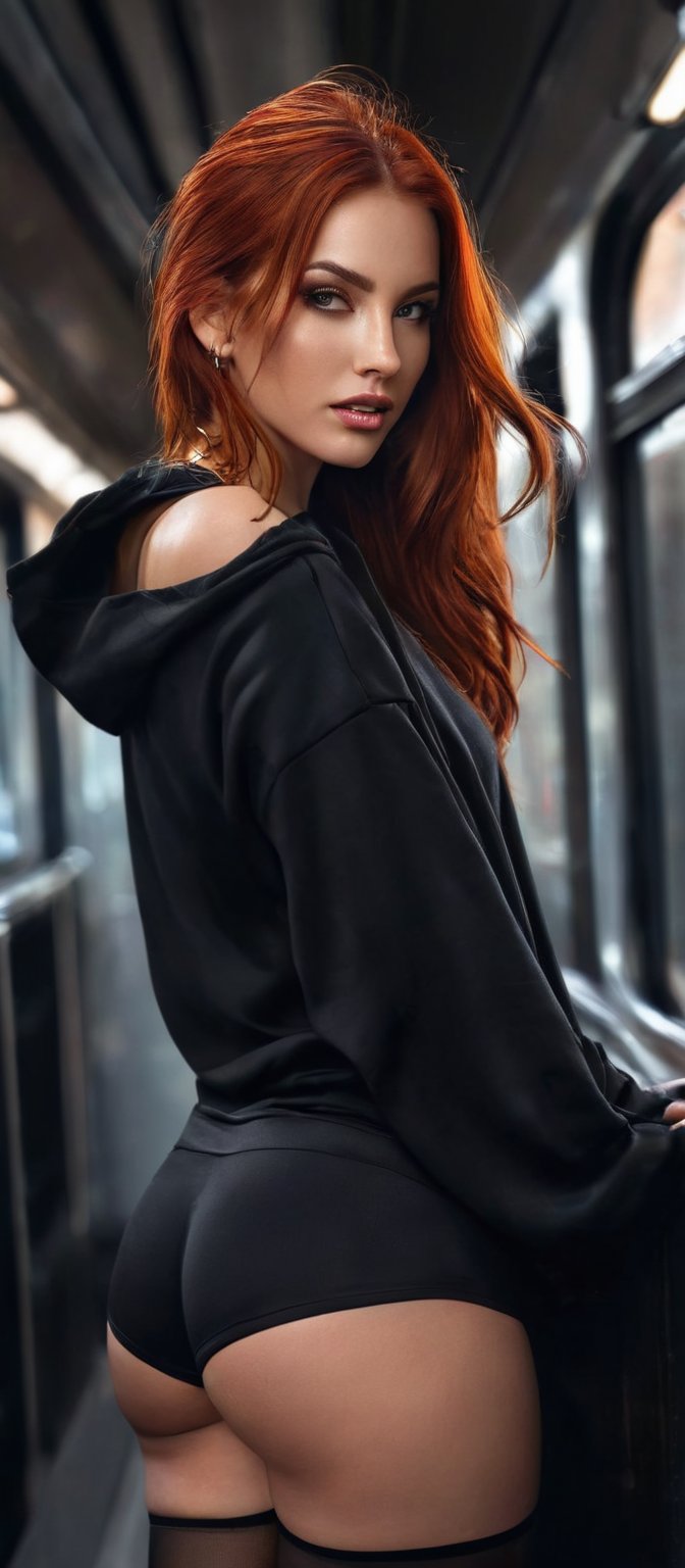 Generate hyper realistic image of a woman with flowing red hair with black strands that cascades down her back. She is loo...