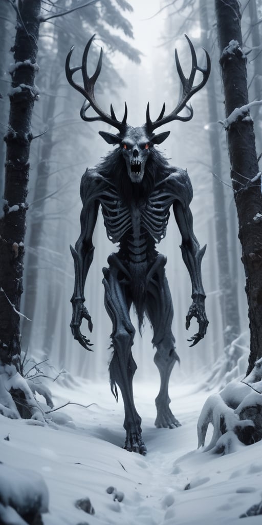 Generate hyper realistic image of a bone-chilling image of a monstrous wendigo, its skeletal form draped in icy, tattered fur, stalking through a snow-covered forest with hollow eyes reflecting the hunger for human flesh.highly detailed, sharp focus.8k,photography style,Extremely Realistic, 