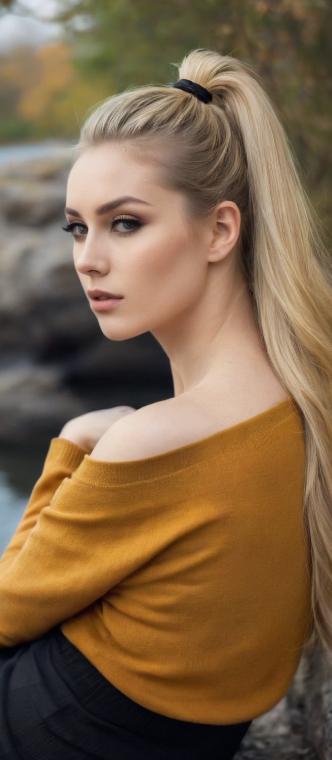 Generate hyper realistic image of a woman seating on a stone ledge by a tranquil riverside. She has long, blonde hair styled in a high ponytail that cascades down her back. The hair is slightly tousled. Her eyes are a captivating shade of amber. She wears a loose, off-the-shoulder black sweater that hangs slightly off her right shoulder. The sweater is ribbed. She has black thigh-high stockings that contrast with her fair skin. 