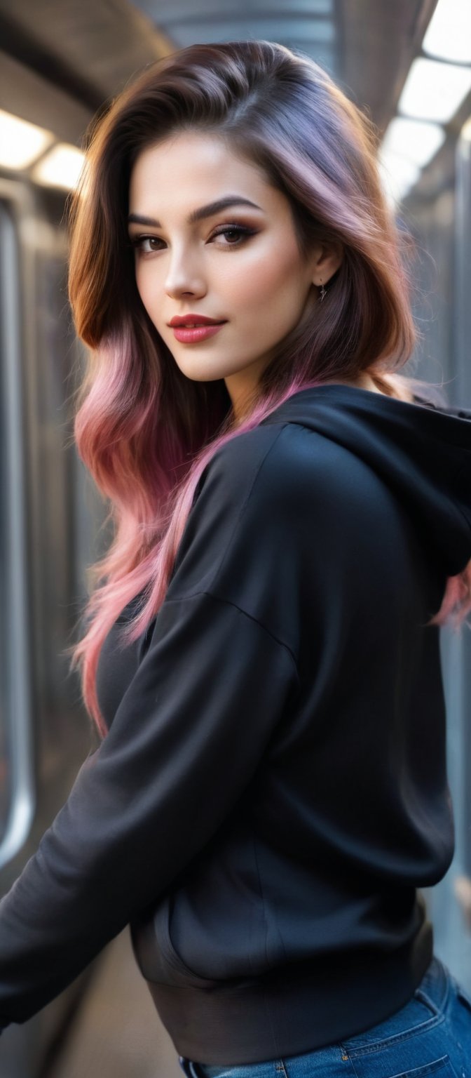 Generate hyper realistic image of a woman with flowing hair that cascades down her back. She is looking at the viewer with...