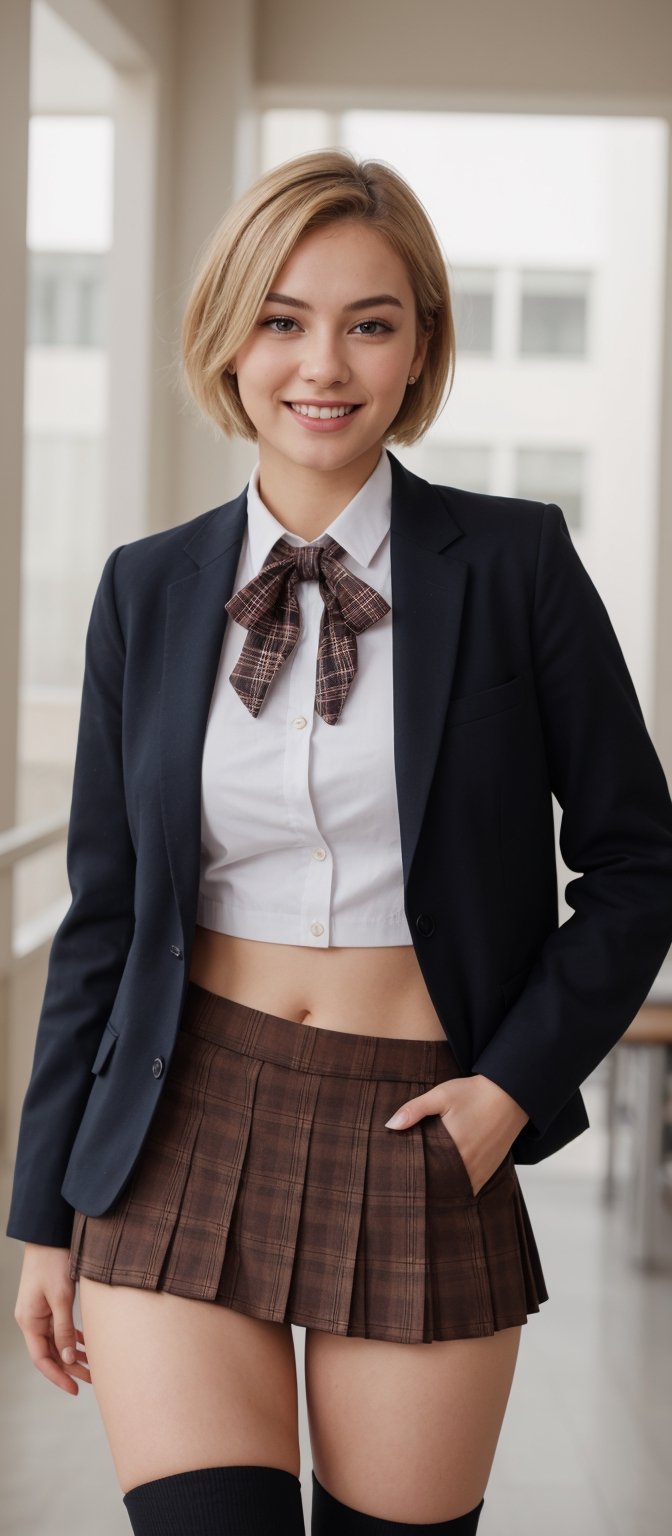 Generate hyper realistic image of a woman in a school uniform,  her short blonde hair framing her face as she smiles at th...