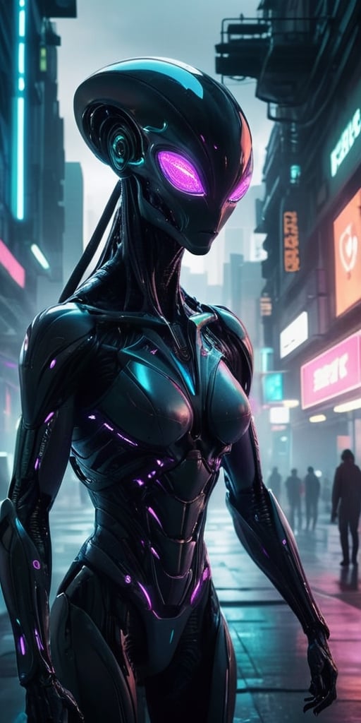 Generate hyper realistic image of a scene featuring a cybernetically enhanced alien being,  their body merging with dark m...