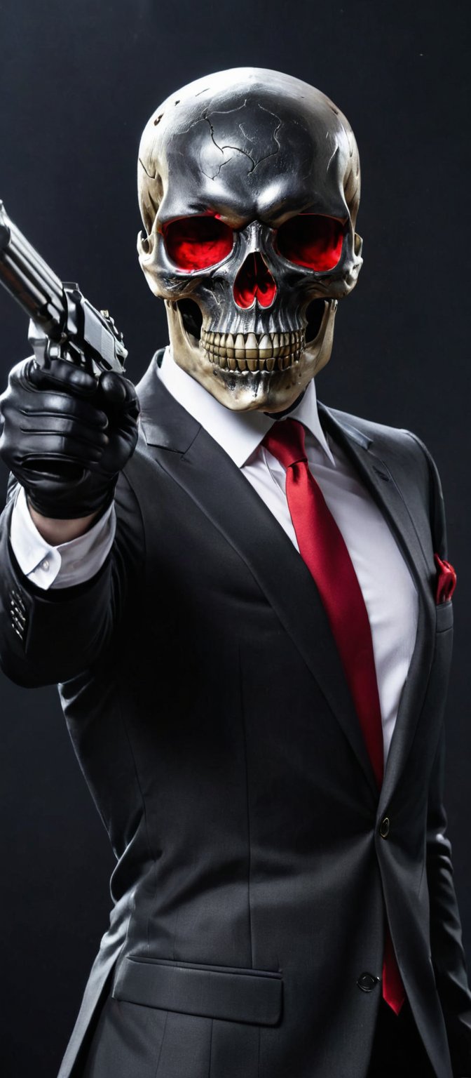 Generate hyper realistic image of a medium-angle shot of a Skull , dressed in a sleek black suit with a bold red tie a. The face has black eyes and a silver headband, and it's wearing black gloves. Its right arm is raised while its left arm is bent, gripping a black gun. The stark black background contrasts sharply with the outfit.,skll