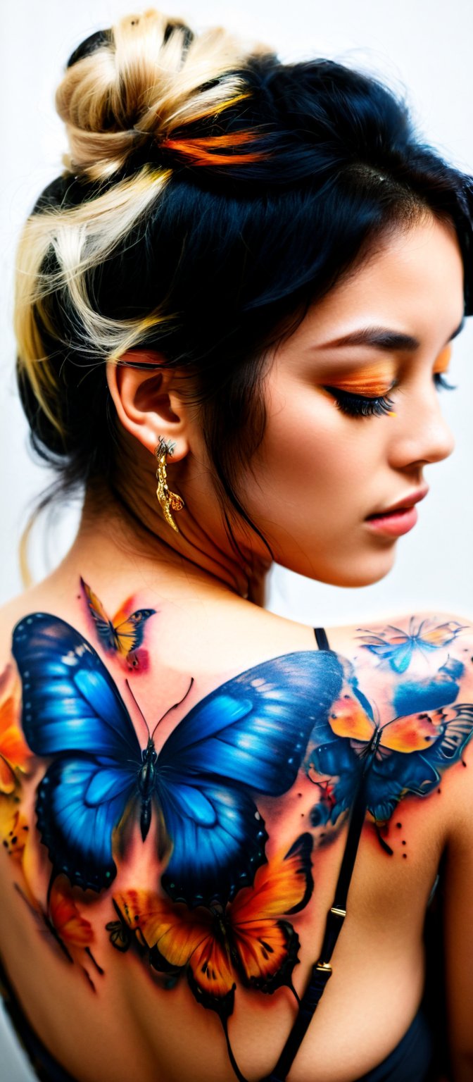 Generate hyper realistic image of  woman with a beautiful and intricate butterfly tattoo on her back. he woman is shown in profile, with her back turned towards the viewer. Her head is slightly turned to the side, giving a glimpse of her serene and thoughtful expression. Her eyes are blue. Her hair is styled in a loose, elegant updo, with a few strands softly framing her face. The hair has a luminous quality, reflecting the light in the scene. vibrant butterfly tattoo covers her upper back and shoulders. The tattoo is rendered in vivid blues and blacks, creating a dramatic contrast against her skin. Surrounding the large butterfly are smaller, glowing butterflies in shades of orange and yellow.