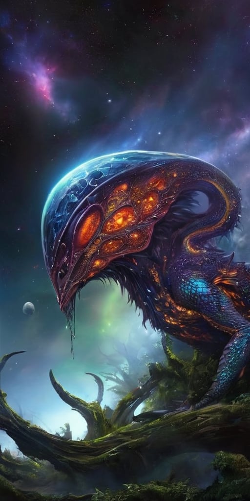 Generate hyper realistic image of a creature from another galaxy that defies conventional taxonomy. Describe its amorphous...
