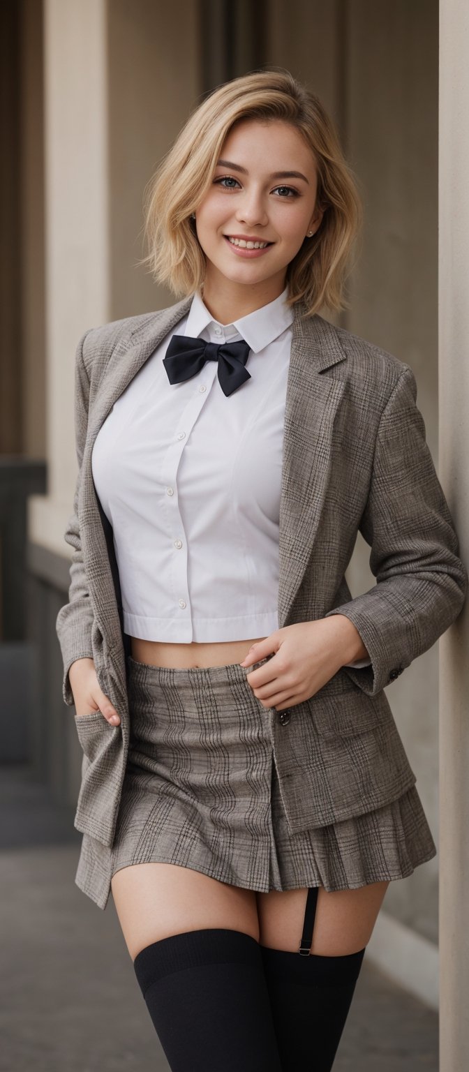 Generate hyper realistic image of a woman in a school uniform,  her short blonde hair framing her face as she smiles at th...