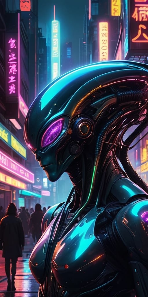 Generate hyper realistic image of a scene featuring a cybernetically enhanced alien being,  their body merging with dark m...