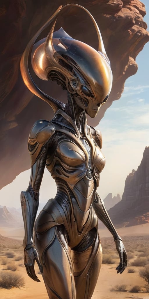 Generate hyper realistic image of an alien race with metallic,  chitinous exoskeletons,  reflecting the light in a mesmeri...