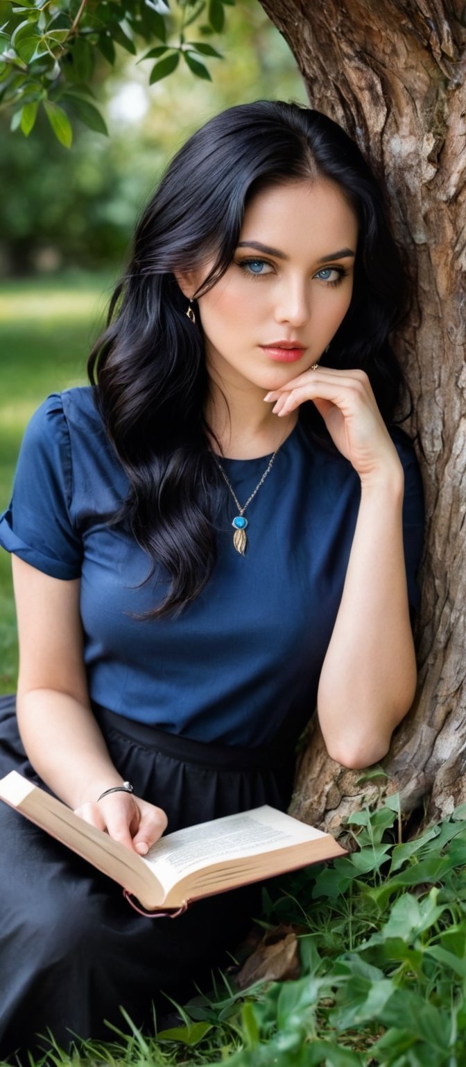 Generate hyper realistic image of a woman with long, black hair sitting outdoors beneath a tree, wearing a black shirt with short sleeves. She's holding an open book, her blue eyes looking directly at the viewer, with hoop earrings adorning her ears. A cat sits beside her, and she wears a necklace and bracelet, her lips subtly curved as if she's absorbed in reading.