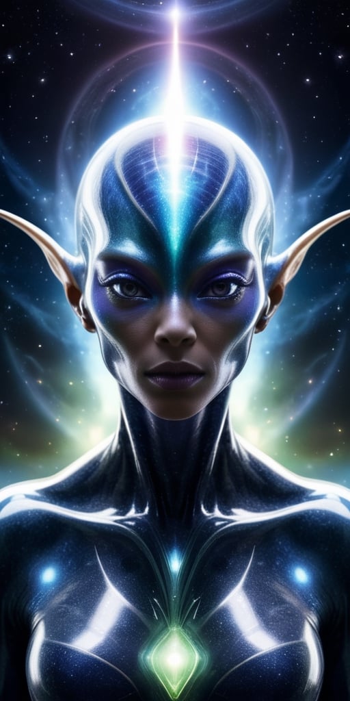 Generate hyper realistic image of a celestial-energy alien hybrid,  with radiant energy emanating from their body,  celest...