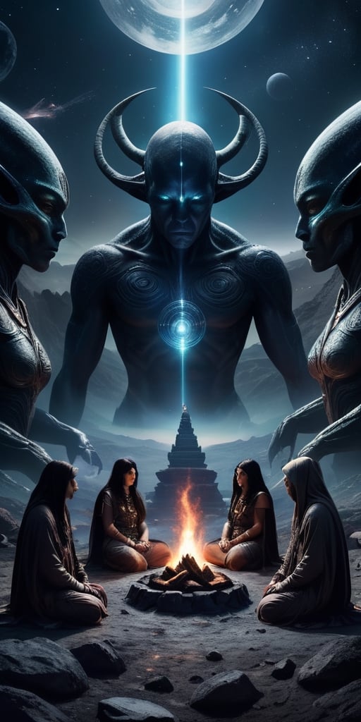 Generate hyper realistic image of a scene featuring a ritualistic gathering of intergalactic shamans,  their bodies adorne...
