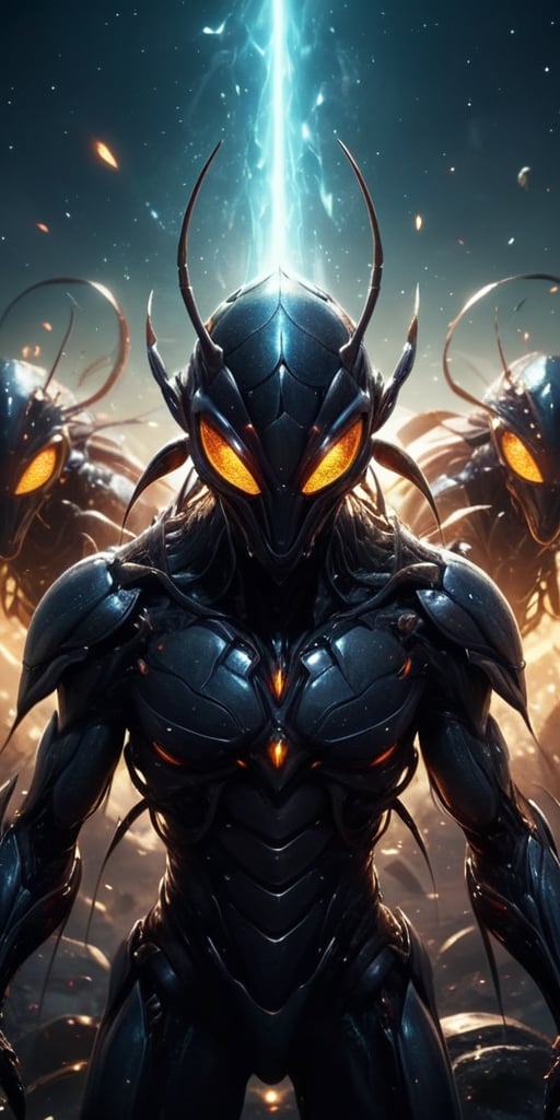 Generate hyper realistic image of a nightmarish depiction of a swarm of interdimensional insectoid creatures,  each with r...