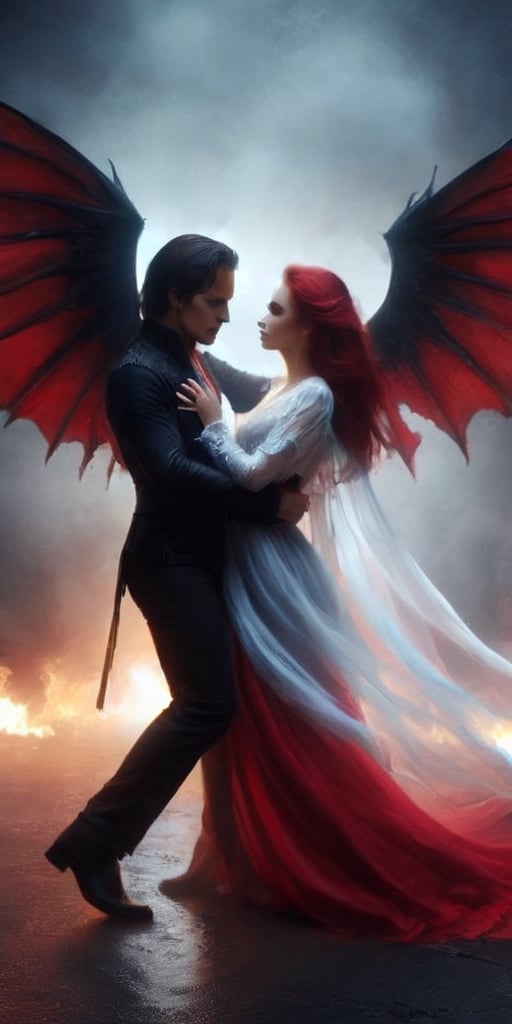 Generate hyper realistic image of a forbidden love that blooms between two vampires, their immortal hearts entwined in a passionate and dangerous dance, bound by an insatiable thirst for blood and the eternal darkness that surrounds them.