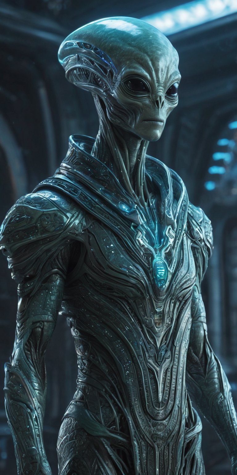Generate hyper realistic image of an alien with mystical powers,  donned in intricate cosmic robes,  navigating a futurist...