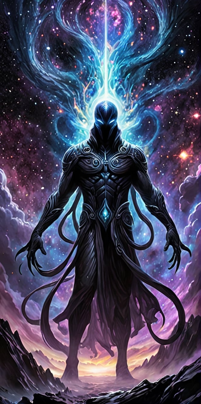 Generate hyper realistic image of an entity emerging from a cosmic void,  its form an amalgamation of darkness and swirlin...