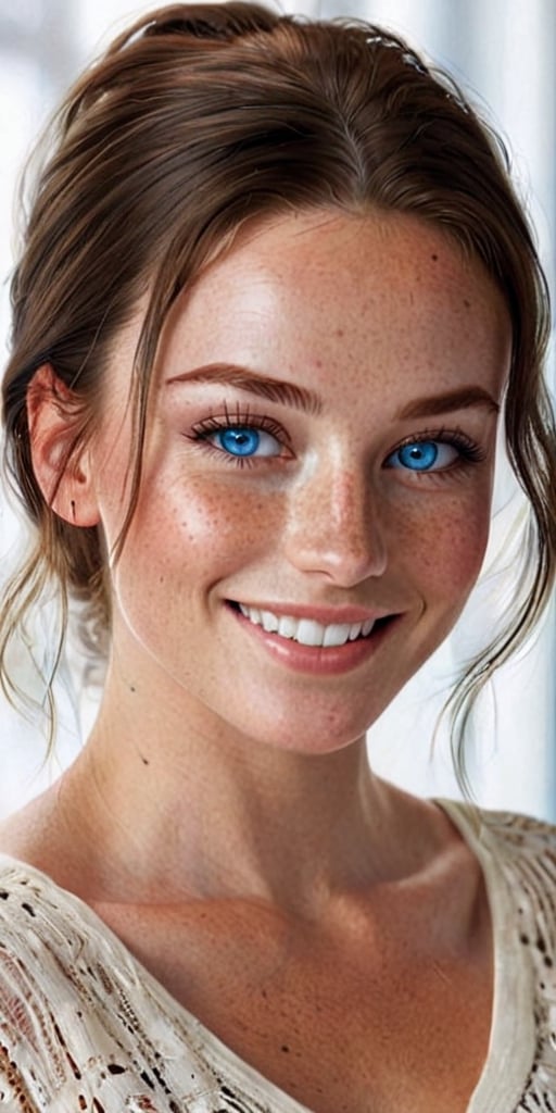 Generate hyper realistic image of a woman with a radiant smile that lights up her face, her high cheekbones dusted with freckles, and her deep-set blue eyes full of warmth and kindness.