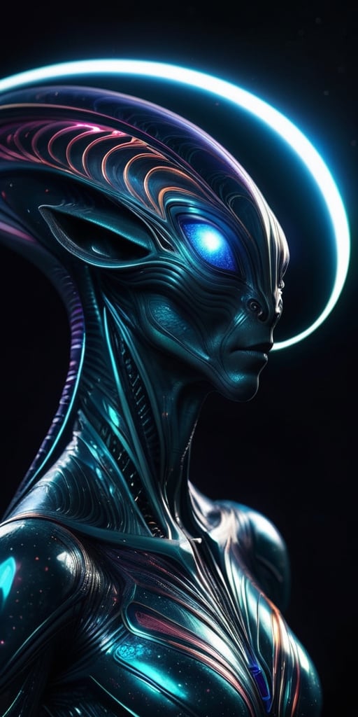 Generate hyper realistic image of a magnetic-field alien hybrid,  with luminous patterns that respond to magnetic forces,...
