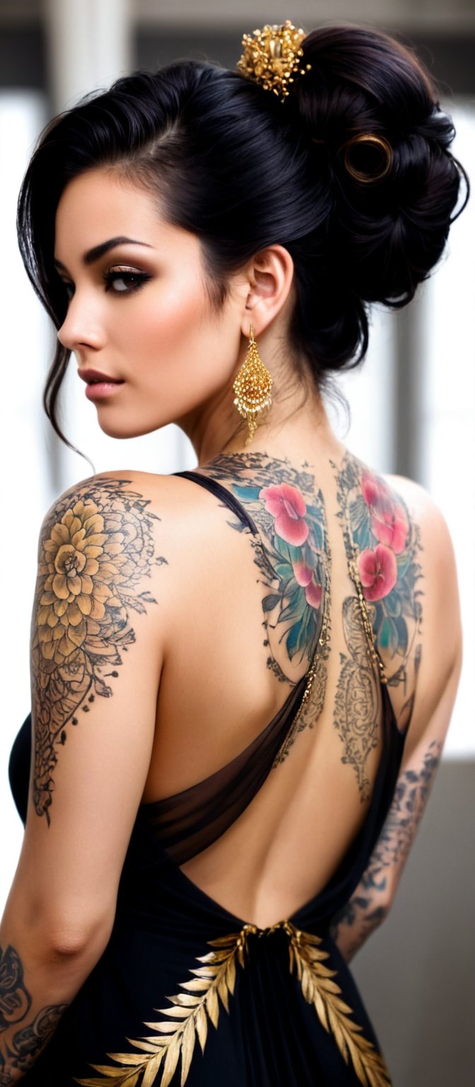 Generate hyper realistic image of a woman with an alluring and confident appearance. The woman is shown from the back,  sl...