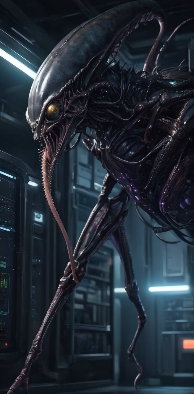 Generate hyper realistic image of a symbiotic alien parasite metamorph monster integrating with its host in a dark and fut...