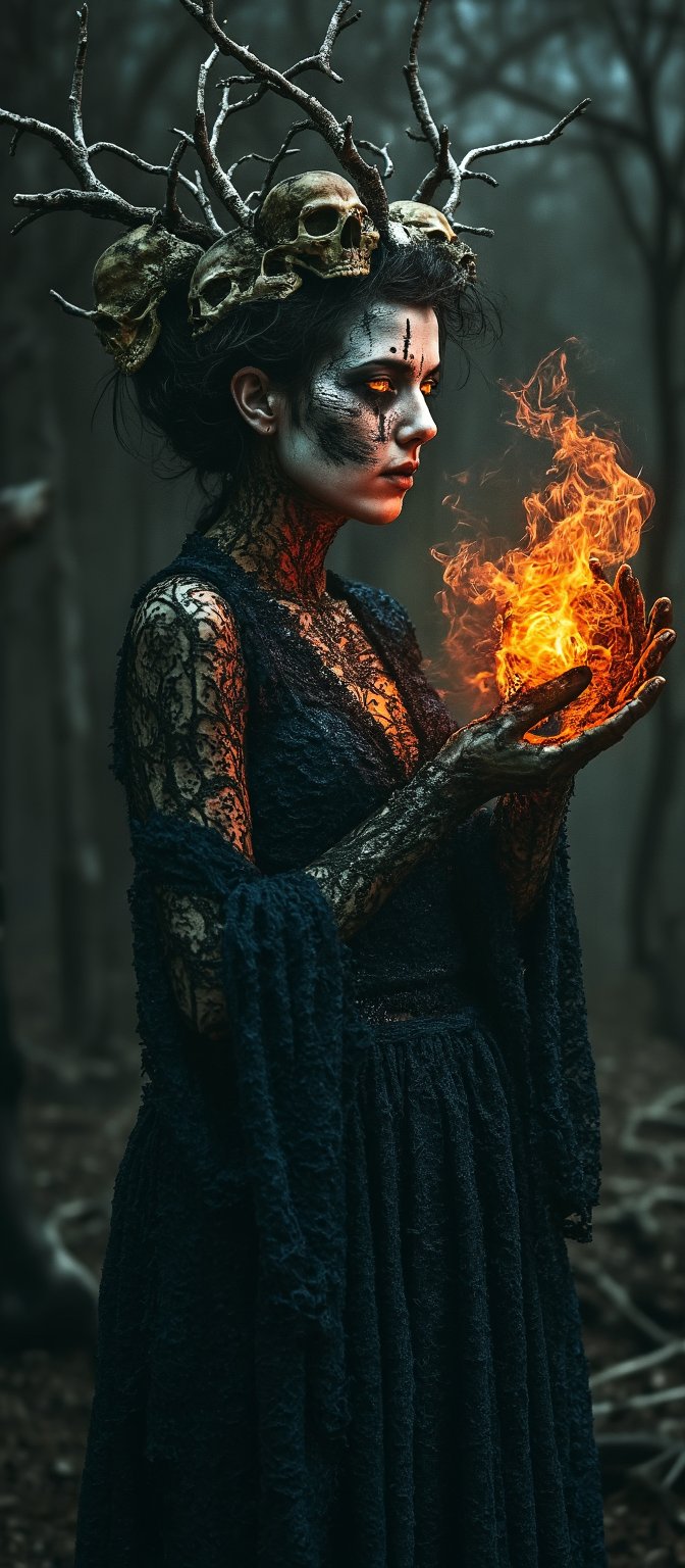 Generate hyper realistic image of a dark, haunting woman with macabre and mystical features. Her face is eerie and skeletal, covered in intricate patterns that resemble roots and vines, giving it a decaying, earthy appearance. Her eyes glow a bright, fiery orange. She is wearing crown-like headpiece made of twisted branches and skulls. The branches fan out from her head, some of them resembling gnarled tree roots, while numerous skulls are embedded within the design. Her clothing is dark and lacy, resembling an ancient, decayed wedding dress. The delicate lace details are contrasted by the rough, bark-like textures that blend into her skin. Her hands are elongated and bony, with sharp, claw-like fingers. Her body is mostly obscured by her dark clothing and the glowing energy she manipulates. The background is dark and shrouded in mist, with faint outlines of twisted trees and decaying branches.