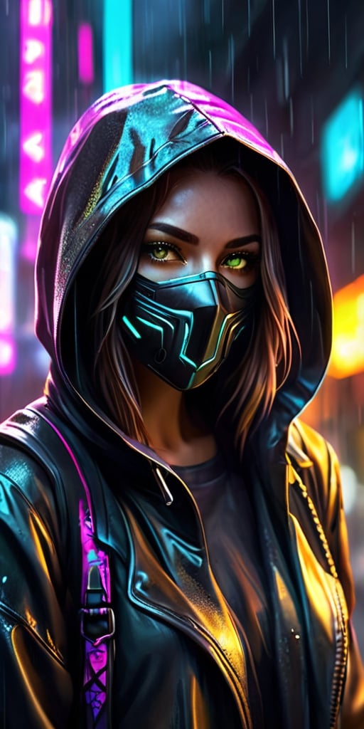Generate hyper realistic image of a solitary girl in a cyberpunk cityscape,  her upper body shrouded in a hood against the...