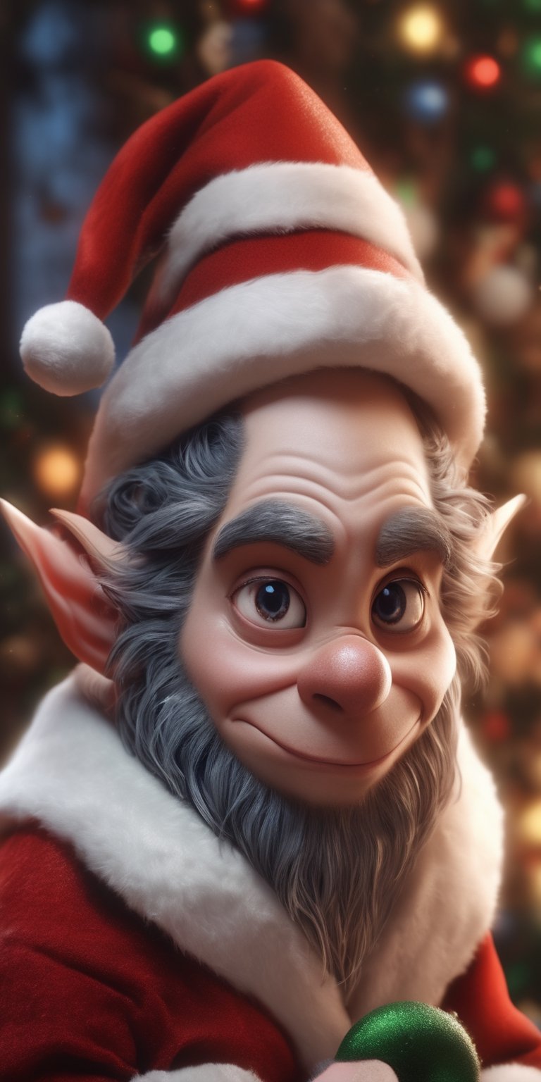 Generate hyper realistic image of an intensely detailed and visually captivating image of a scary Santa's elf transformed...