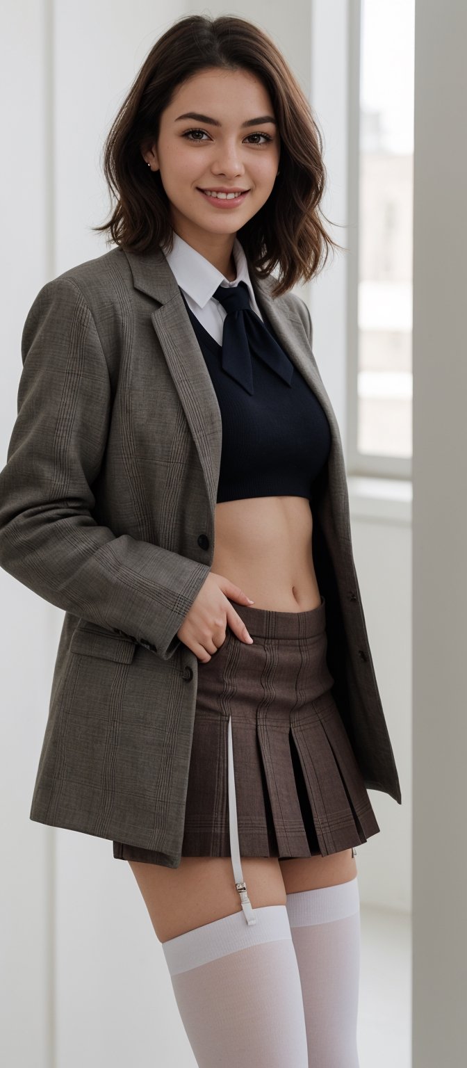Generate hyper realistic image of a woman in a school uniform,  her short blonde hair framing her face as she smiles at th...