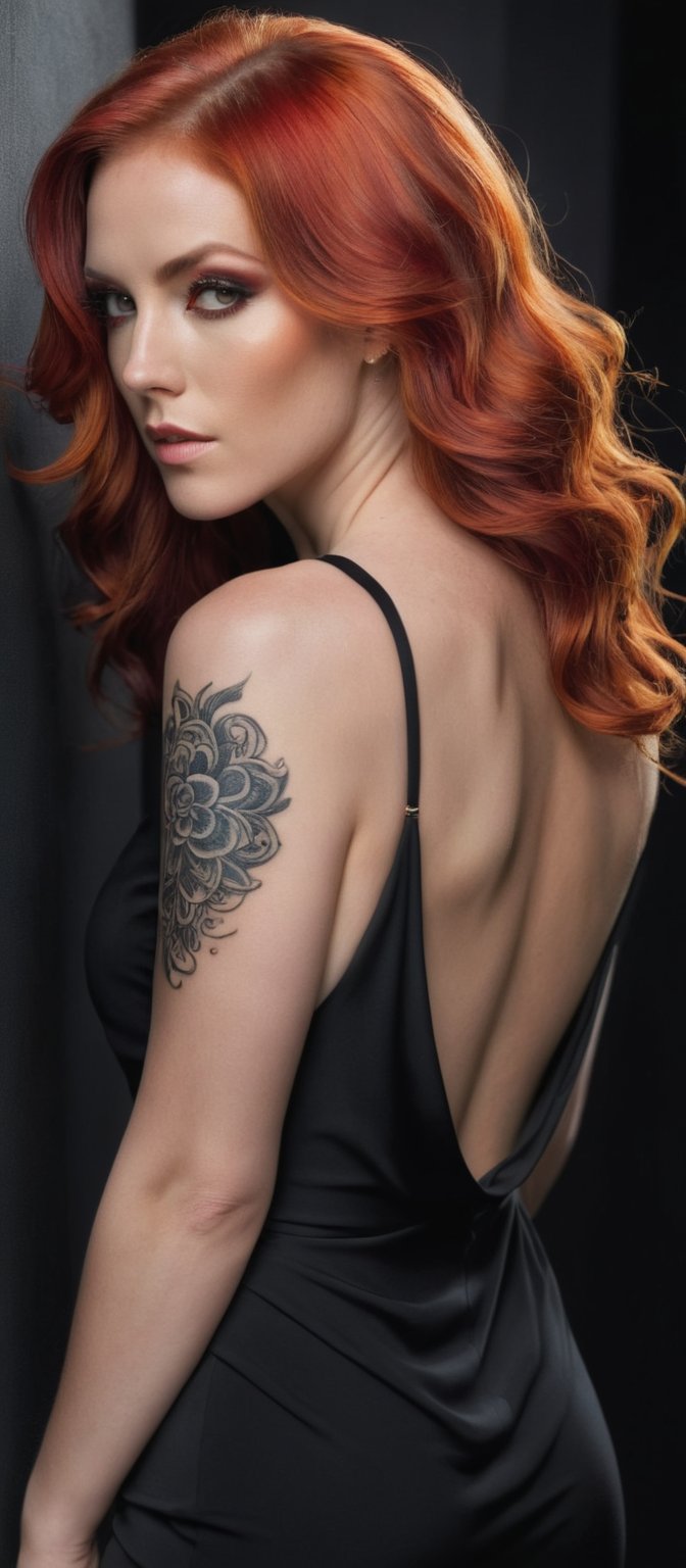 Generate hyper realistic image of a woman with long, wavy hair cascading down her back, dressed in a sleek black dress, her red hair peeking over her shoulder as she looks back with a serious gaze. Another woman with fiery orange hair, hair covering one eye, adorned in an elegant backless outfit, her back tattoo catching the eye, standing amidst dark shadows.