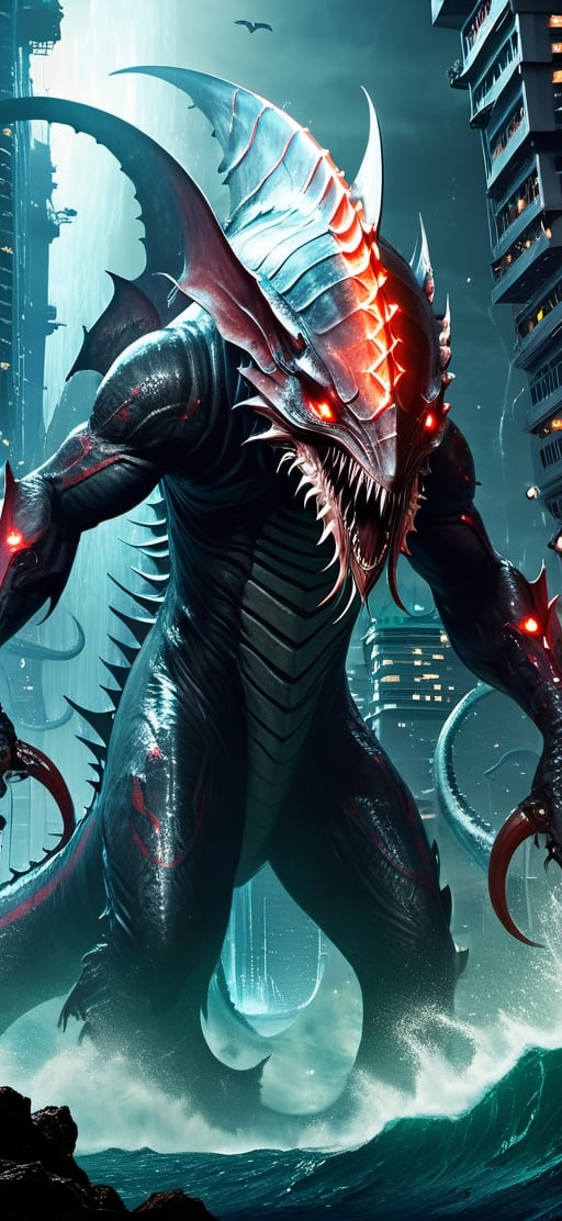 create a gigantic leviathan emerging from sea .towering over huge cruise ship,  humans in panic.destroying ships. humanoid...