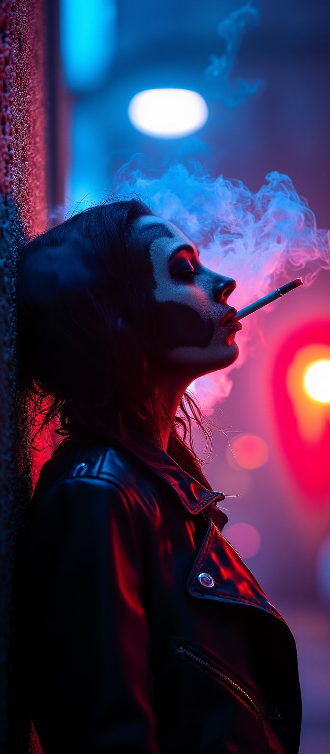 Generate hyper realistic image of a woman with skull painting on her face, leaning back against a textured wall, enveloped in thick, vibrant blue smoke. The woman is looking towards the sky. In its mouth, a lit cigarette burns, emitting the red smoke, which swirls around the head in an ethereal, dreamlike manner. The background is out of focus, revealing blurred city lights in a range of soft colors. The figure wears a black leather jacket with shiny, reflective surfaces. The mood is eerie yet modern, blending elements of death, urban culture, and neon lighting.