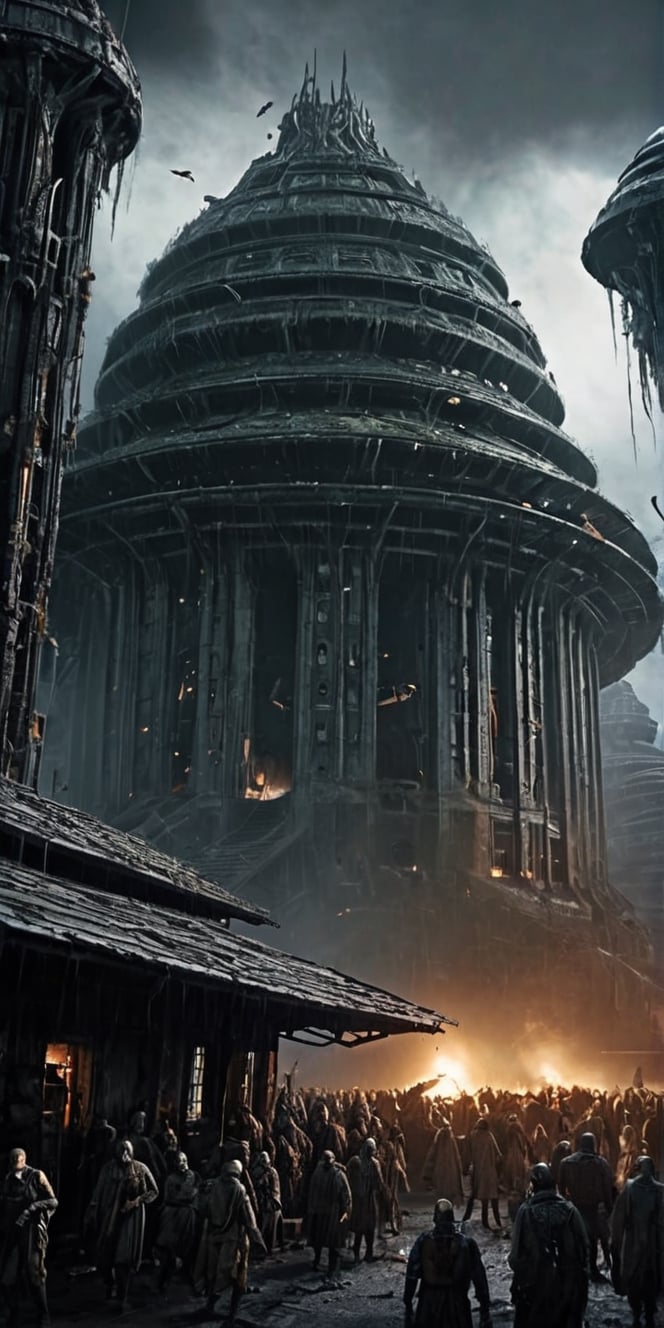 Generate hyper realistic image of a scene in a darkened alien hive overrun by undead monstrosities. The otherworldly archi...