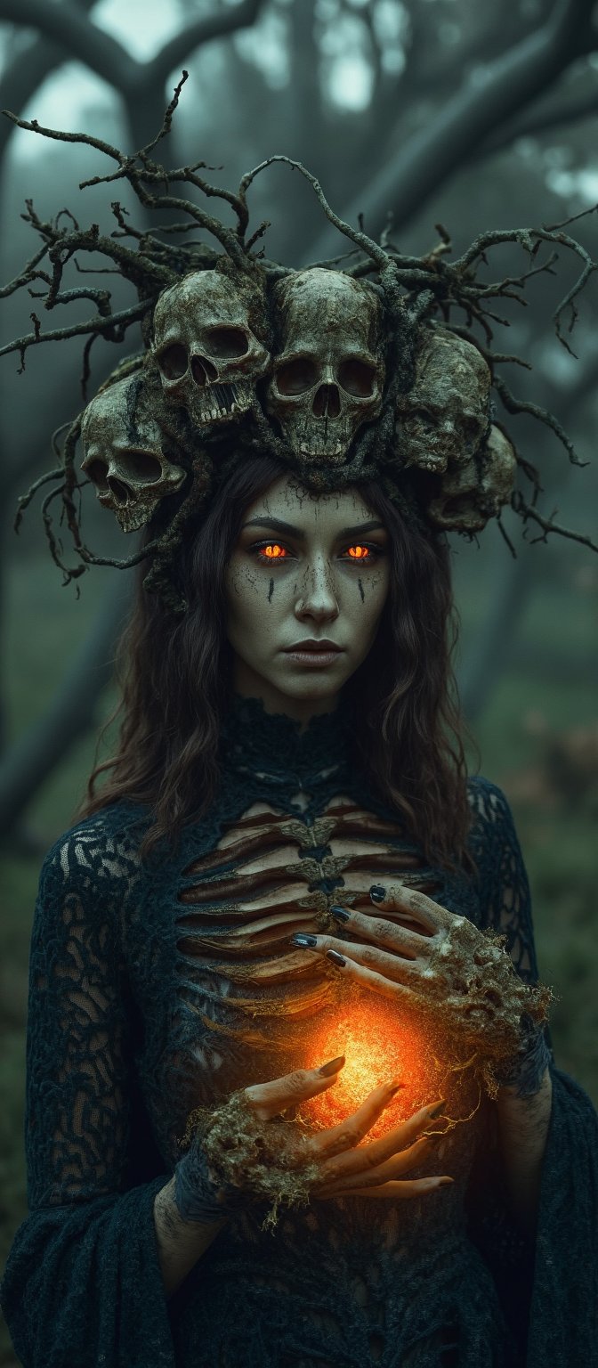 Generate hyper realistic image of a dark, haunting woman with macabre and mystical features. Her face is eerie and skeletal, covered in intricate patterns that resemble roots and vines, giving it a decaying, earthy appearance. Her eyes glow a bright, fiery orange. She is wearing crown-like headpiece made of twisted branches and skulls. The branches fan out from her head, some of them resembling gnarled tree roots, while numerous skulls are embedded within the design. Her clothing is dark and lacy, resembling an ancient, decayed wedding dress. The delicate lace details are contrasted by the rough, bark-like textures that blend into her skin. Her hands are elongated and bony, with sharp, claw-like fingers. Her body is mostly obscured by her dark clothing and the glowing energy she manipulates. The background is dark and shrouded in mist, with faint outlines of twisted trees and decaying branches.