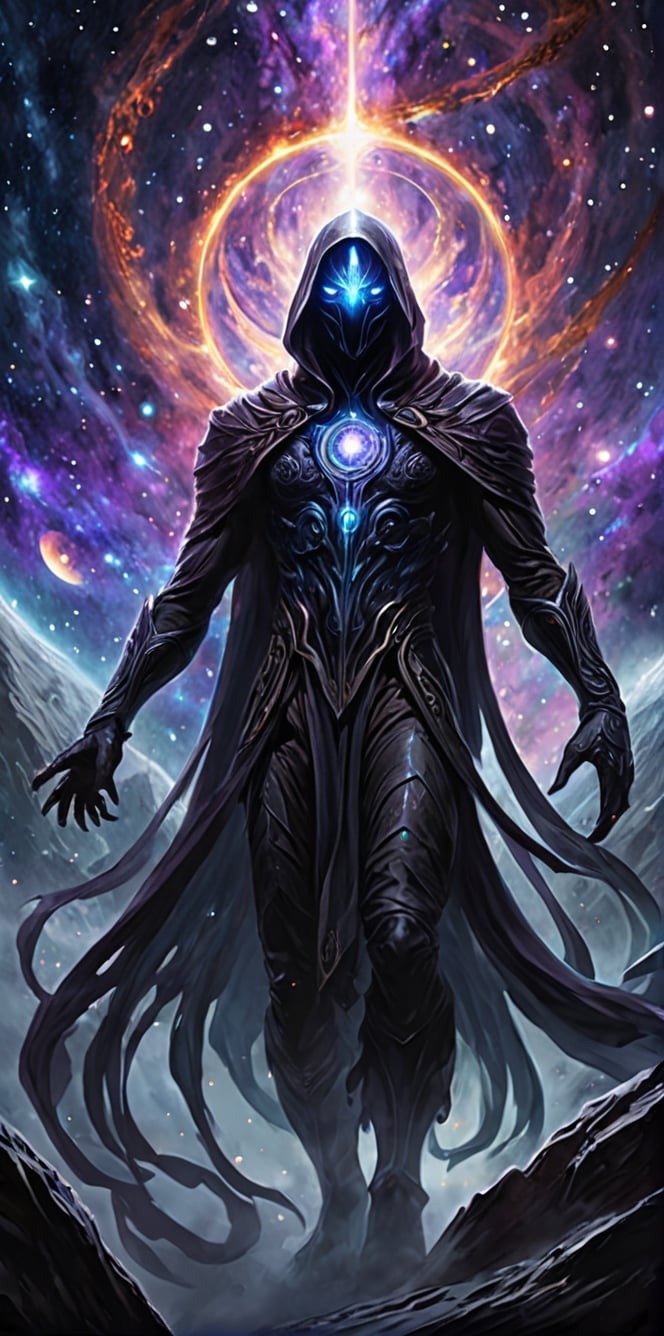 Generate hyper realistic image of an entity emerging from a cosmic void,  its form an amalgamation of darkness and swirlin...