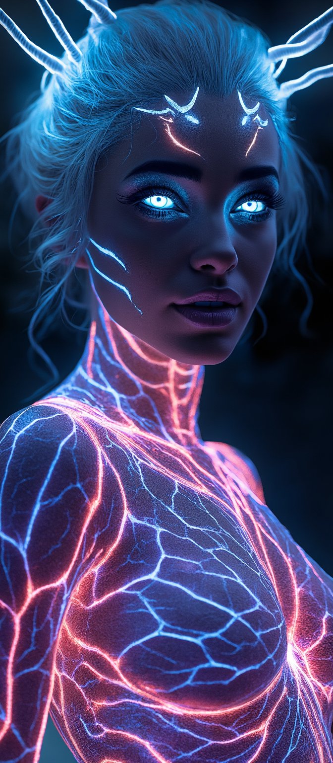 Generate hyper realistic image of a bioluminescent woman with a fantastical and alien appearance. The woman has an intense, otherworldly gaze. Her eyes are glowing bright blue, illuminated from within, and are strikingly detailed. Her skin appears smooth but with a slight metallic sheen. Her expression is serene, yet powerful. Her hair is white or silver, styled in an elegant updo. Thin, glowing wires intertwine with her hair. She wears a striking headpiece that looks like antlers, made of a bio-mechanical material. The headpiece glows with hues of pink, red, and purple, with delicate strands of glowing wires emanating from it. Her body is covered in an intricate web of bioluminescent lines and patterns that resembl veins glowing in various colors highlighting her curves. Her outfit merges seamlessly with her skin, as if it is growing out of her body. It has a glossy, organic look with glowing accents, resembling a symbiosis of plant life and advanced technology. The background is dark and blurred, with hints of a forest or natural environment.