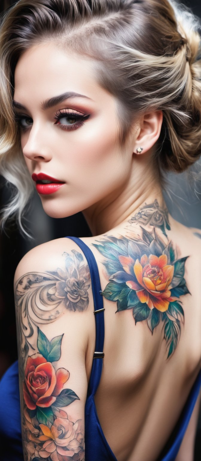 Generate hyper realistic image of a woman with an intricate and vibrant full-back tattoo. The tattoo spans the entire back...